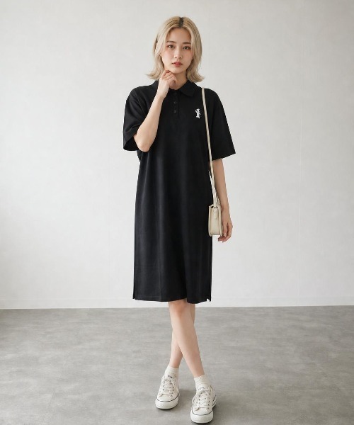 Belle Cie(ベルシー)の「ポロシャツワンピース 半袖 ポロ衿 ワンポイント刺繍 ゆったりオーバーサイズ ロング丈 アメカジ 韓国ファッション(ワンピース・レディース・グレー/グリーン/オフホワイト/ブラック・FREE)」の8枚目の写真