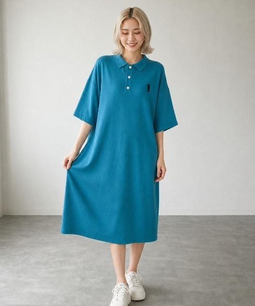 Belle Cie(ベルシー)の「ポロシャツワンピース 半袖 ポロ衿 ワンポイント刺繍 ゆったりオーバーサイズ ロング丈 アメカジ 韓国ファッション(ワンピース・レディース・グレー/グリーン/オフホワイト/ブラック・FREE)」の10枚目の写真