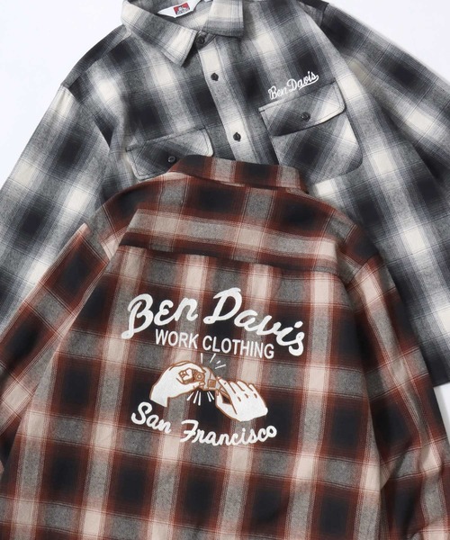 BEN DAVIS(ベンデイビス)の「BEN DAVIS/ベンデイビス EMBRO OMBRE SHIRT/オーバーサイズ バックプリント刺繍 起毛 オンブレチェック フランネル長袖シャツ/ワークシャツ/レディース メンズ(シャツ/ブラウス・メンズ・ブラウン/ブルー/ブラック・M/L/XL)」の2枚目の写真