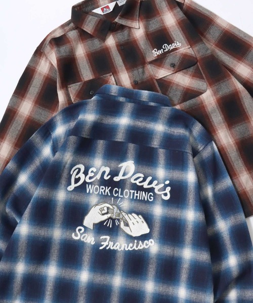 BEN DAVIS(ベンデイビス)の「BEN DAVIS/ベンデイビス EMBRO OMBRE SHIRT/オーバーサイズ バックプリント刺繍 起毛 オンブレチェック フランネル長袖シャツ/ワークシャツ/レディース メンズ(シャツ/ブラウス・メンズ・ブラウン/ブルー/ブラック・M/L/XL)」の3枚目の写真