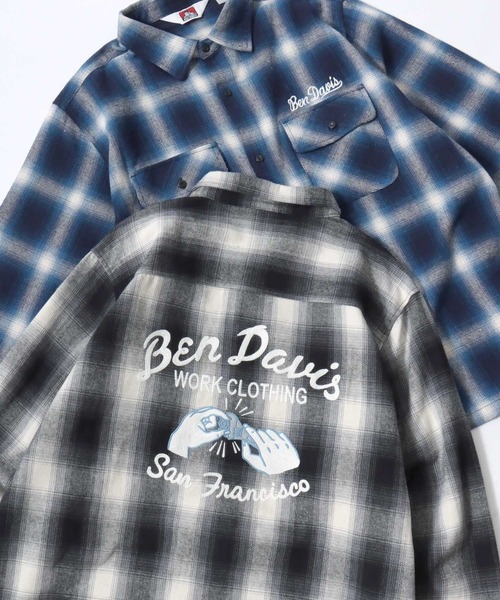 BEN DAVIS(ベンデイビス)の「BEN DAVIS/ベンデイビス EMBRO OMBRE SHIRT/オーバーサイズ バックプリント刺繍 起毛 オンブレチェック フランネル長袖シャツ/ワークシャツ/レディース メンズ(シャツ/ブラウス・メンズ・ブラウン/ブルー/ブラック・M/L/XL)」の1枚目の写真