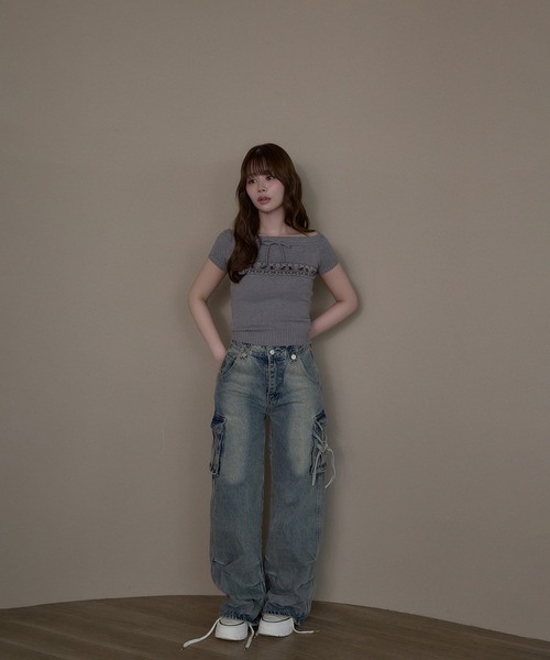 M DOLLY(エムドリー)の「Stitch ribbon cat elin sholder knit / ステッチリボンキャットエリンショルダーニット(ニット/セーター・レディース・アイボリー/グレー・FREE)」の12枚目の写真