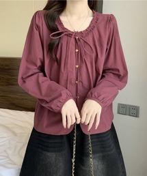 紐リボン付・ハートボタン長袖シャツブラウス