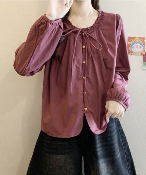 Ritzy(リッツィー)の「紐リボン付・ハートボタン長袖シャツブラウス(シャツ/ブラウス・レディース・バーガンディー/ネイビー・LARGE/MEDIUM)」の9枚目の写真
