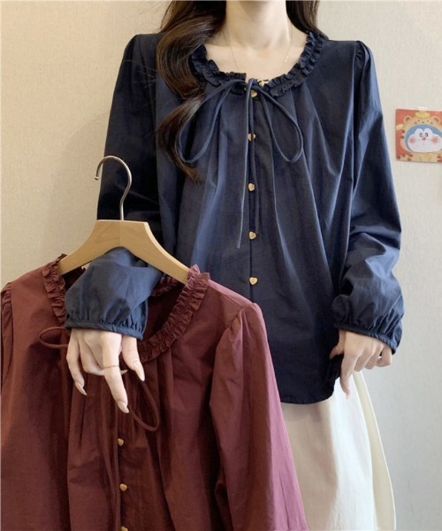 Ritzy(リッツィー)の「紐リボン付・ハートボタン長袖シャツブラウス(シャツ/ブラウス・レディース・バーガンディー/ネイビー・LARGE/MEDIUM)」の6枚目の写真