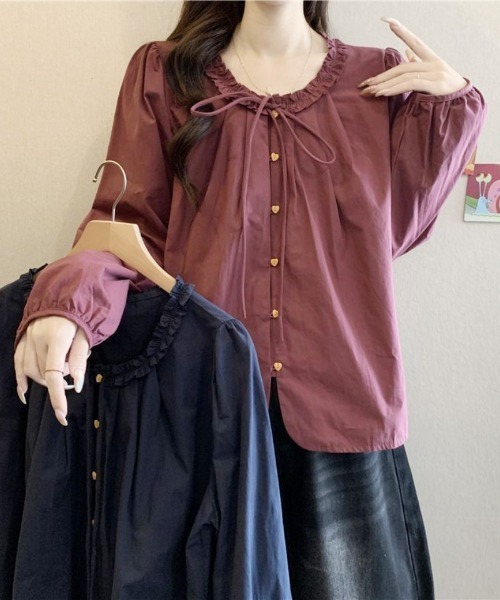 Ritzy(リッツィー)の「紐リボン付・ハートボタン長袖シャツブラウス(シャツ/ブラウス・レディース・バーガンディー/ネイビー・LARGE/MEDIUM)」の7枚目の写真