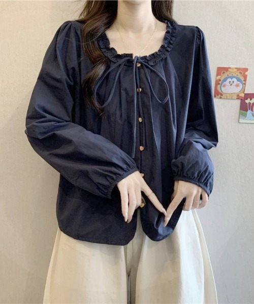 Ritzy(リッツィー)の「紐リボン付・ハートボタン長袖シャツブラウス(シャツ/ブラウス・レディース・バーガンディー/ネイビー・LARGE/MEDIUM)」の8枚目の写真