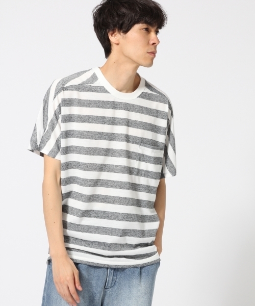 HARE（ハレ）の「リネンボーダーカットソー(HARE)（Tシャツ/カットソー・メンズ・ベージュ/グレー/オフホワイト・SMALL/MEDIUM）」の3枚目の写真