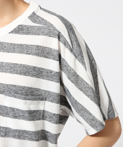 HARE（ハレ）の「リネンボーダーカットソー(HARE)（Tシャツ/カットソー・メンズ・ベージュ/グレー/オフホワイト・SMALL/MEDIUM）」の5枚目の写真