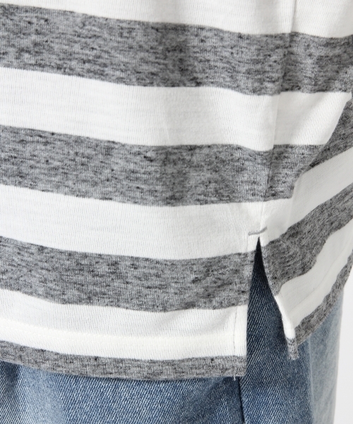 HARE（ハレ）の「リネンボーダーカットソー(HARE)（Tシャツ/カットソー・メンズ・ベージュ/グレー/オフホワイト・SMALL/MEDIUM）」の7枚目の写真