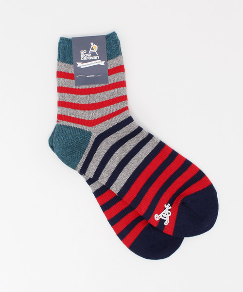 go slow caravan(ゴースローキャラバン)の「 GSC PREMIUM MULTI BORDER QUARTER SOCKS-ボーダーソックス (ソックス/靴下・メンズ・グレー/ライトグリーン/ピンク・MEDIUM/LARGE)」の2枚目の写真