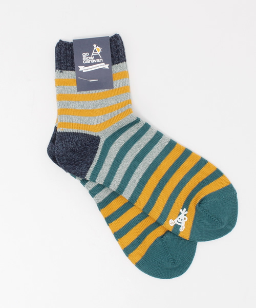 go slow caravan(ゴースローキャラバン)の「 GSC PREMIUM MULTI BORDER QUARTER SOCKS-ボーダーソックス (ソックス/靴下・メンズ・グレー/ライトグリーン/ピンク・MEDIUM/LARGE)」の3枚目の写真