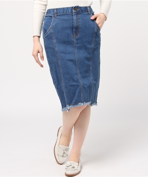 PUNYUS（プニュズ）の「フリンジデニムペンシルスカート（デニムスカート・レディース・ライトインディゴブルー/インディゴブルー・2/1/3/4）」の2枚目の写真