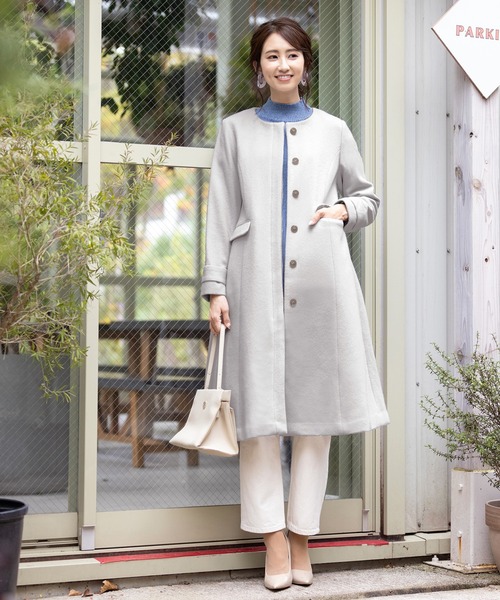セール】【日本製生地】上質素材を使用したノーカラーウールコート