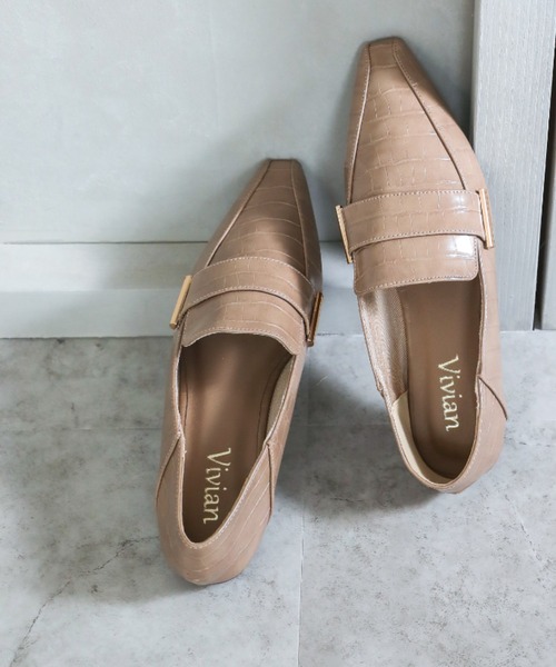 VIVIAN（ヴィヴィアン）の「スクエアトゥメタル飾りバブーシュ（ドレスシューズ・レディース・ブラック/ホワイト×カーキブラウン/D/E・LL/S/M/L）」の7枚目の写真