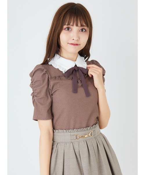 セール トップス リボンタイパワショルテレコトップス Tシャツ カットソー Ank Ank Rouge アンクルージュ のファッション