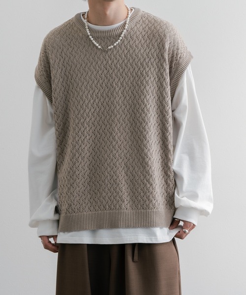 epnok(エプノック)の「透かし編みニットベスト(ベスト・メンズ・ブラック/ネイビー/ライトブラウン/グレイッシュベージュ・SMALL/MEDIUM/LARGE)」の3枚目の写真