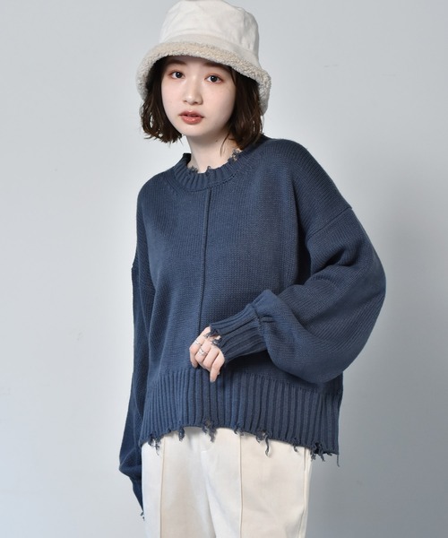 RETRO GIRL（レトロガール）の「ダメージアウトリンキングニット（ニット/セーター・レディース・ライトグレー/ブラック/ブルー/グリーン・FREE）」の4枚目の写真