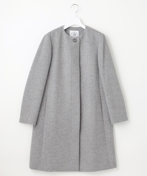 美品◆23区 ウールアンゴラ ノーカラー ビーバー コート ロング　グレー L 23区 - ☆23区L ウールアンゴラビーバーノーカラーコート サイズ:44