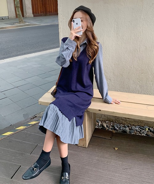 セール ミドルニットベスト プリーツシャツワンピースセットアップ ワンピース Jewelobe ジュエローブ のファッション通販 Zozotown