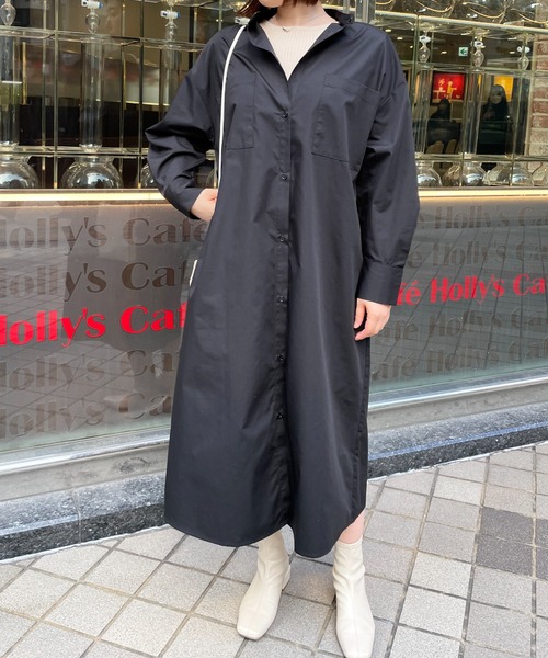 StyleSea(スタイルシー)の「スタンドカラーロングシャツワンピース(シャツワンピース・レディース・ブラック/オフホワイト/グレイッシュベージュ・MEDIUM)」の8枚目の写真