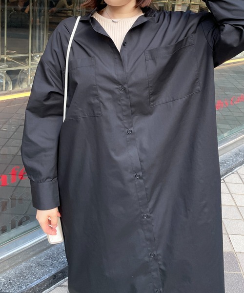 StyleSea(スタイルシー)の「スタンドカラーロングシャツワンピース(シャツワンピース・レディース・ブラック/オフホワイト/グレイッシュベージュ・MEDIUM)」の12枚目の写真