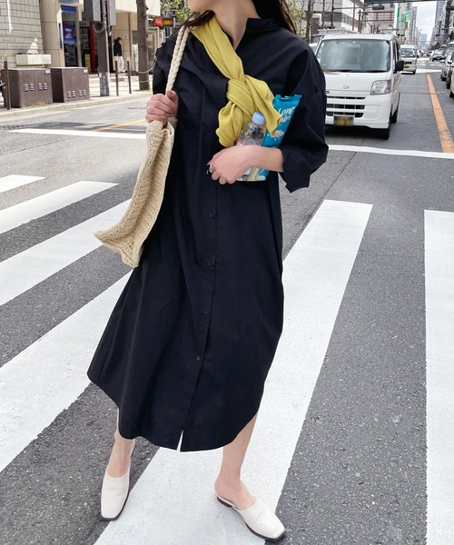 StyleSea(スタイルシー)の「スタンドカラーロングシャツワンピース(シャツワンピース・レディース・ブラック/オフホワイト/グレイッシュベージュ・MEDIUM)」の18枚目の写真