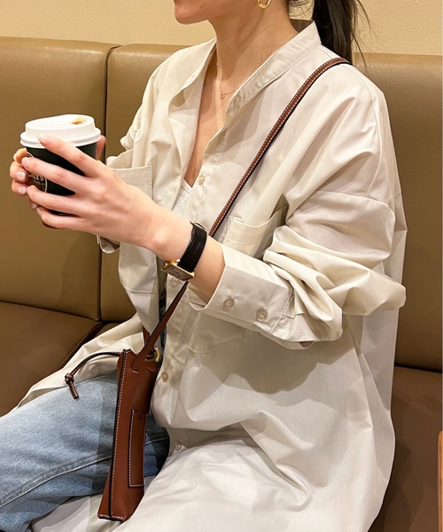 StyleSea(スタイルシー)の「スタンドカラーロングシャツワンピース(シャツワンピース・レディース・ブラック/オフホワイト/グレイッシュベージュ・MEDIUM)」の7枚目の写真