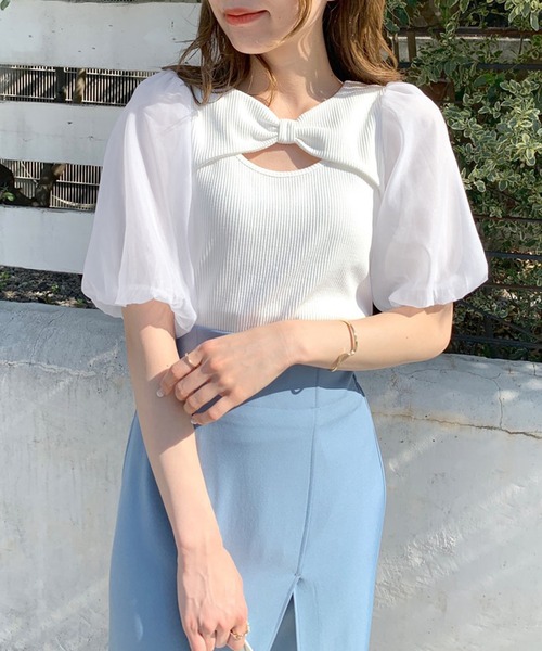 OLIVE des OLIVE(オリーブデオリーブ)の「リボンデコルテプルオーバー(Tシャツ/カットソー・レディース・オフホワイト/サックスブルー/ブラック/ライトグレー・FREE)」の21枚目の写真