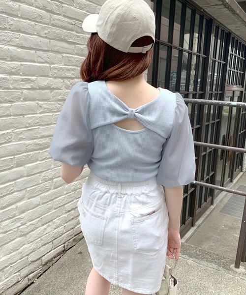 OLIVE des OLIVE(オリーブデオリーブ)の「リボンデコルテプルオーバー(Tシャツ/カットソー・レディース・オフホワイト/サックスブルー/ブラック/ライトグレー・FREE)」の7枚目の写真