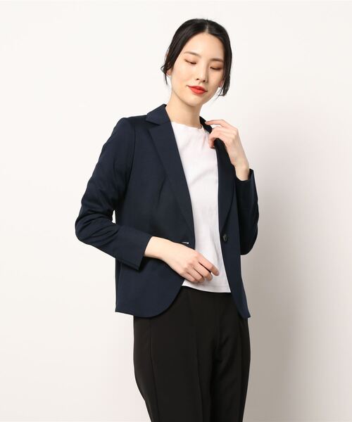 STRAWBERRY-FIELDS（ストロベリーフィールズ）の「テーラードジャージジャケット　ジャケット（ノーカラージャケット・レディース・ブラック/ネイビー/ベージュ/オフホワイト・2）」の16枚目の写真