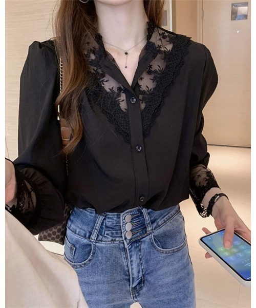 Ritzy(リッツィー)の「レースデザインノーカラーブラウス(シャツ/ブラウス・レディース・ブラック/ホワイト・M/L)」の2枚目の写真