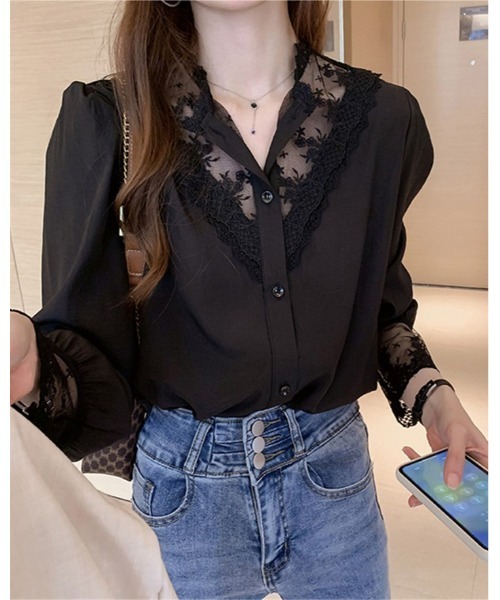 Ritzy(リッツィー)の「レースデザインノーカラーブラウス(シャツ/ブラウス・レディース・ブラック/ホワイト・M/L)」の11枚目の写真
