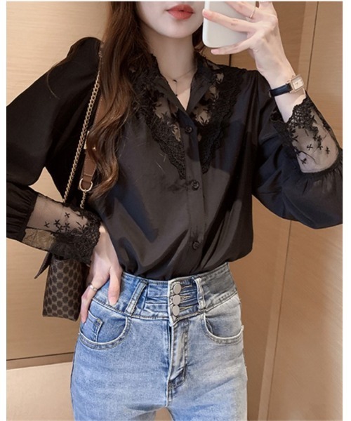 Ritzy(リッツィー)の「レースデザインノーカラーブラウス(シャツ/ブラウス・レディース・ブラック/ホワイト・M/L)」の13枚目の写真