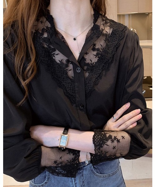 Ritzy(リッツィー)の「レースデザインノーカラーブラウス(シャツ/ブラウス・レディース・ブラック/ホワイト・M/L)」の17枚目の写真