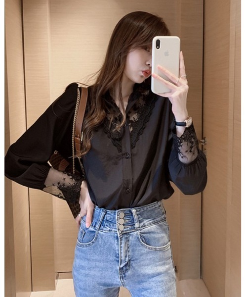Ritzy(リッツィー)の「レースデザインノーカラーブラウス(シャツ/ブラウス・レディース・ブラック/ホワイト・M/L)」の18枚目の写真