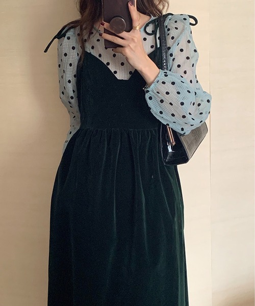 LAFFMO（ラフモ）の「ドットブラウス＆ベロアキャミソールワンピース　セットアップ（セットアップ・レディース・ブラック/グリーン・FREE）」の6枚目の写真