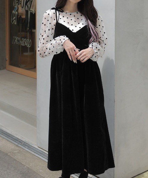 LAFFMO（ラフモ）の「ドットブラウス＆ベロアキャミソールワンピース　セットアップ（セットアップ・レディース・ブラック/グリーン・FREE）」の8枚目の写真