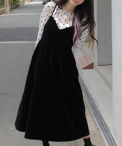 LAFFMO（ラフモ）の「ドットブラウス＆ベロアキャミソールワンピース　セットアップ（セットアップ・レディース・ブラック/グリーン・FREE）」の9枚目の写真