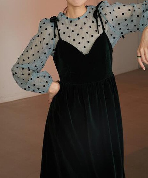 LAFFMO（ラフモ）の「ドットブラウス＆ベロアキャミソールワンピース　セットアップ（セットアップ・レディース・ブラック/グリーン・FREE）」の15枚目の写真