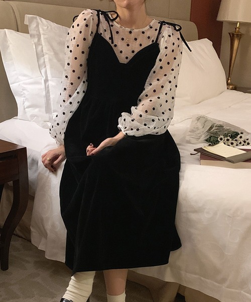 LAFFMO（ラフモ）の「ドットブラウス＆ベロアキャミソールワンピース　セットアップ（セットアップ・レディース・ブラック/グリーン・FREE）」の4枚目の写真