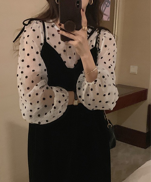 セール】ドットブラウス＆ベロアキャミソールワンピース