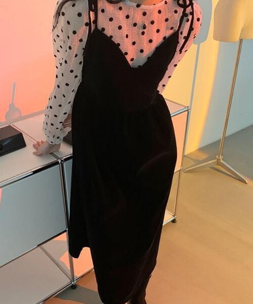 LAFFMO（ラフモ）の「ドットブラウス＆ベロアキャミソールワンピース　セットアップ（セットアップ・レディース・ブラック/グリーン・FREE）」の18枚目の写真