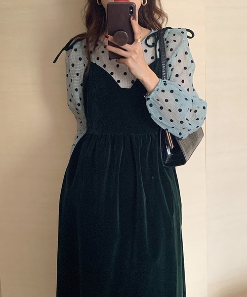 LAFFMO（ラフモ）の「ドットブラウス＆ベロアキャミソールワンピース　セットアップ（セットアップ・レディース・ブラック/グリーン・FREE）」の10枚目の写真