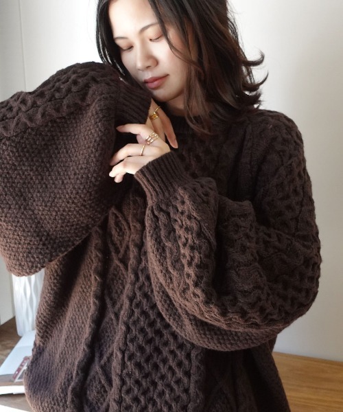 セール】ボリュームスリーブケーブルニット（ニット/セーター