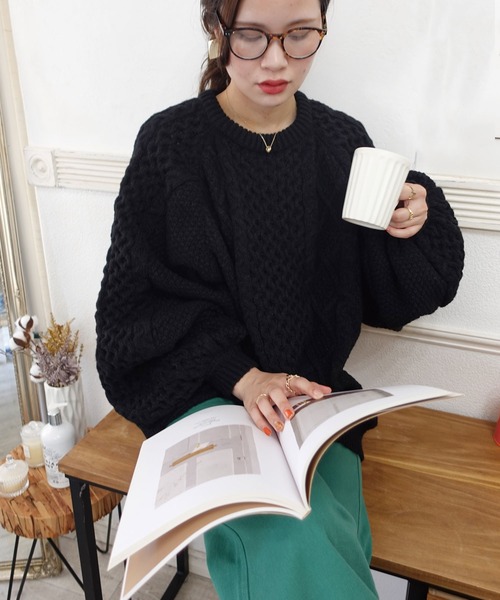 Sov.　ボリュームスリーブケーブルニット　ブラック　36 Sov.（ソブ）の「ボリュームスリーブケーブルニット（ニット/セーター