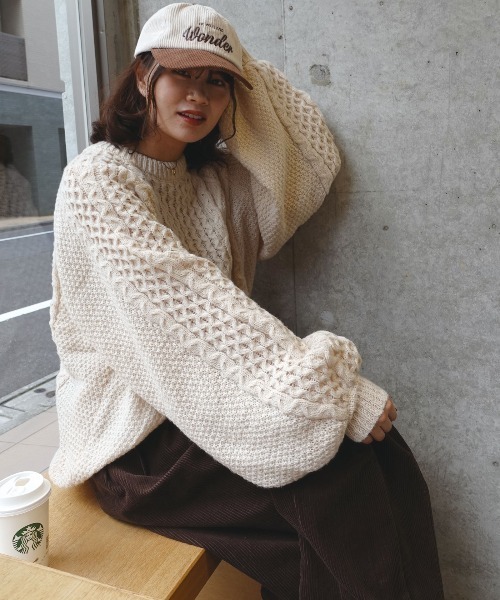 セール】ボリュームスリーブケーブルニット（ニット/セーター