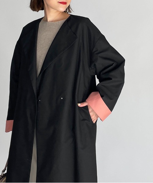PICCIN（ピッチン）の「袖口配色ロングコート（その他アウター・レディース・ブラック/カーキ・M）」の2枚目の写真