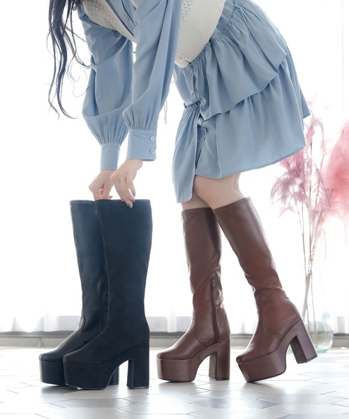 Newlyme（ニューリーミー）の「厚底ストレッチフィットロングブーツ（ブーツ・レディース・ブラック/ブラウン/クリアブラック/ホワイト・23cm/23.5cm/24cm/24.5cm/25cm/25㎝/22.5cm/23㎝/23.5㎝/24.0cm）」の7枚目の写真