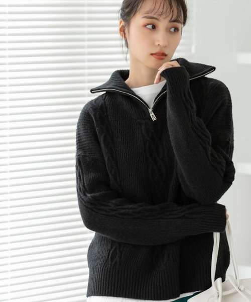 fifth（フィフス）の「ハーフジップケーブルニット（ニット/セーター・レディース・ブラック/オフホワイト・M）」の2枚目の写真
